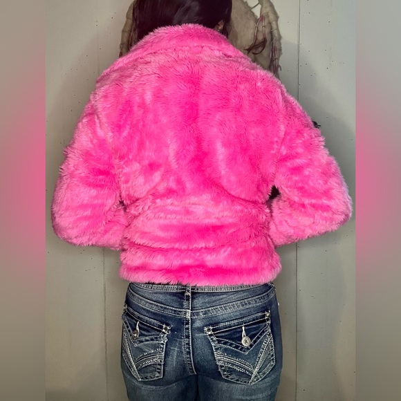 Y2K JUICY COUTURE black label day glo pink Moto faux fur coat SIZE SMALL - Picture 4 of 5
